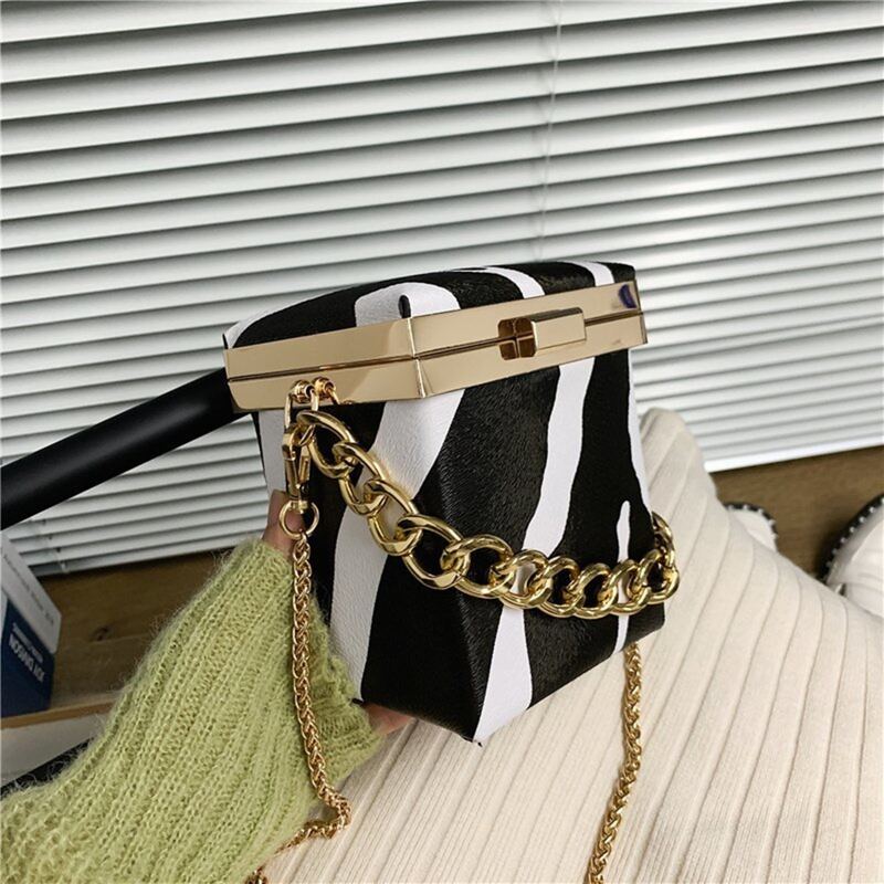 

Cow Print Chain Box Bag, Black and white