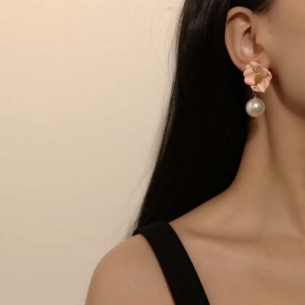 

Faux Pearl Decor Flower Earrings, Pink