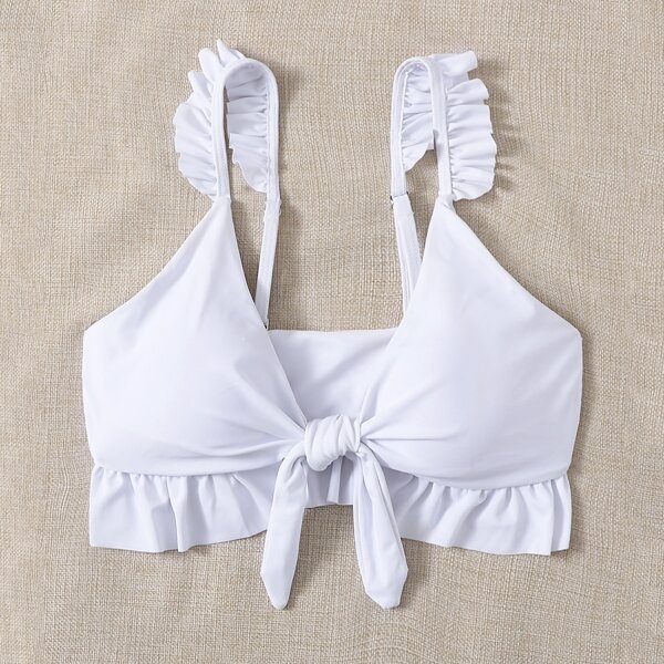 

Knot Front Ruffle Hem Bikini Top, White
