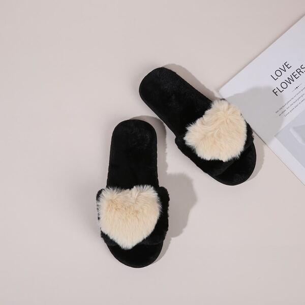 

Heart Decor Fluffy Slippers, Beige