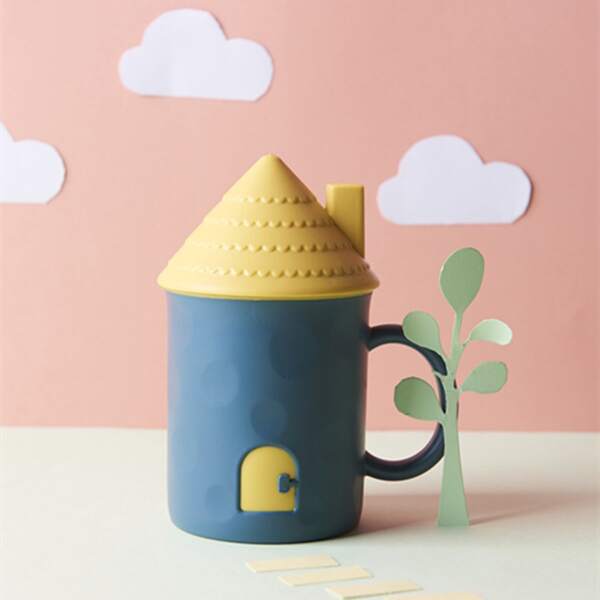 

1pc House Shaped Mug With Lid, Dusty blue
