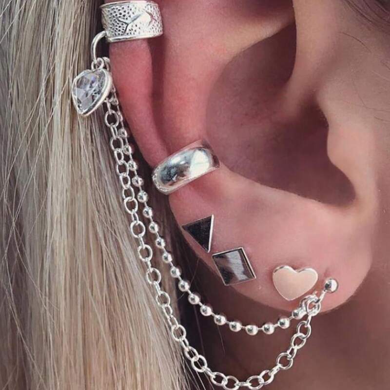 

5pcs Rhinestone Heart & Geo Earring Set, Silver
