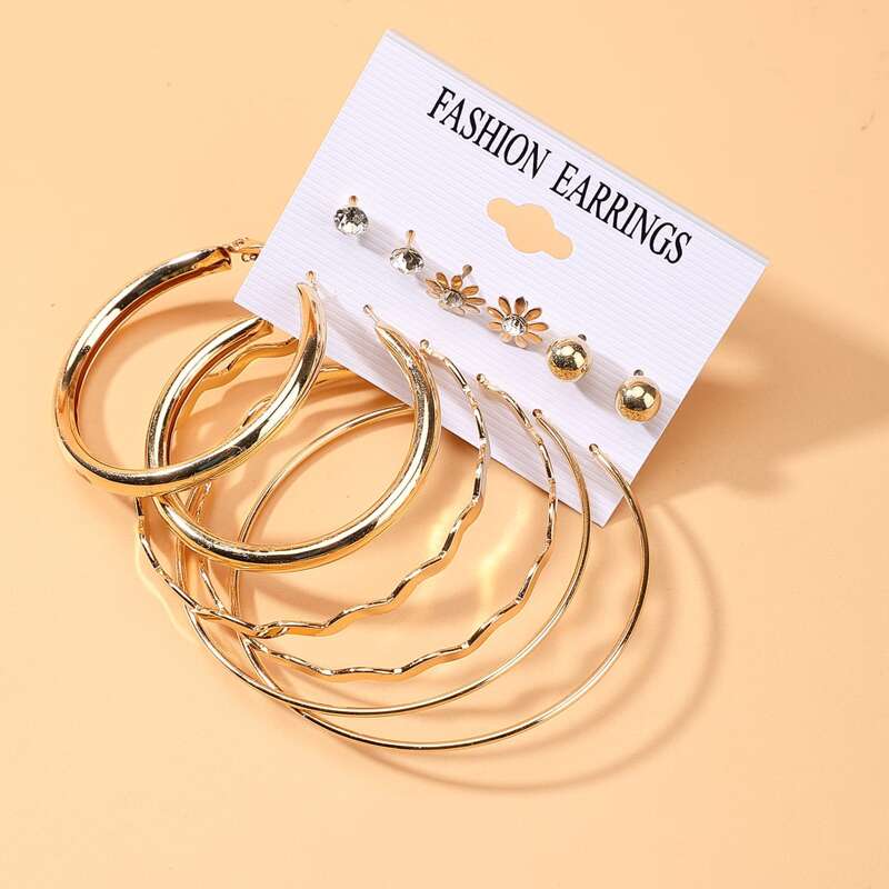 

6pairs Rhinestone Floral Earring Set, Gold