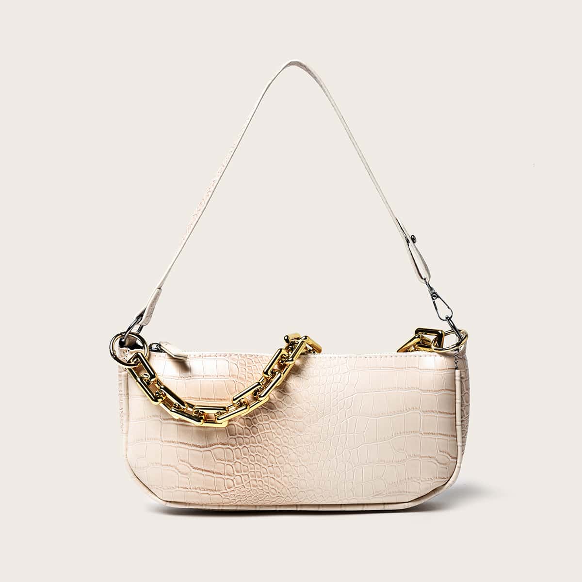 

Croc Effect Chunky Chain Shoulder Bag, Beige