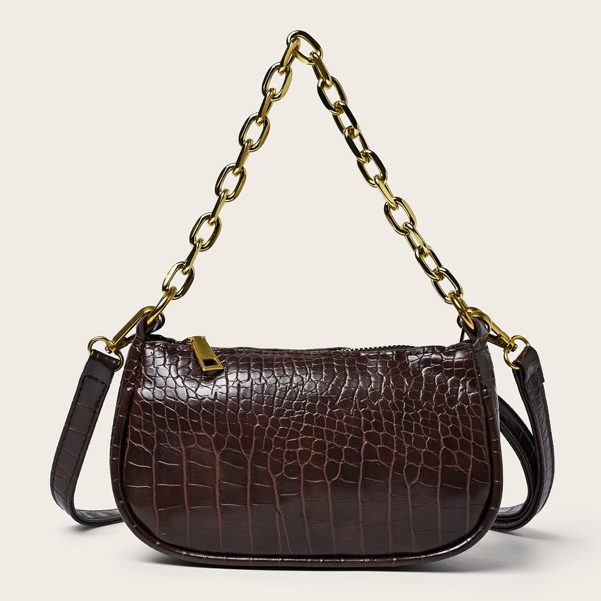 

Croc Effect Chunky Chain Shoulder Bag, Coffee brown