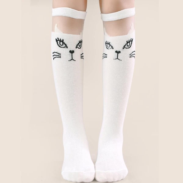 

Toddler Girls Cartoon Cat Pattern Over The Knee Socks, White