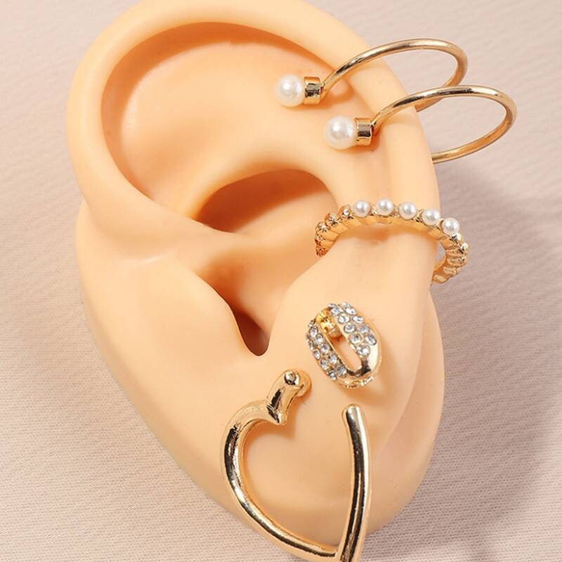 

5pcs Rhinestone & Faux Pearl Earring Set, Gold