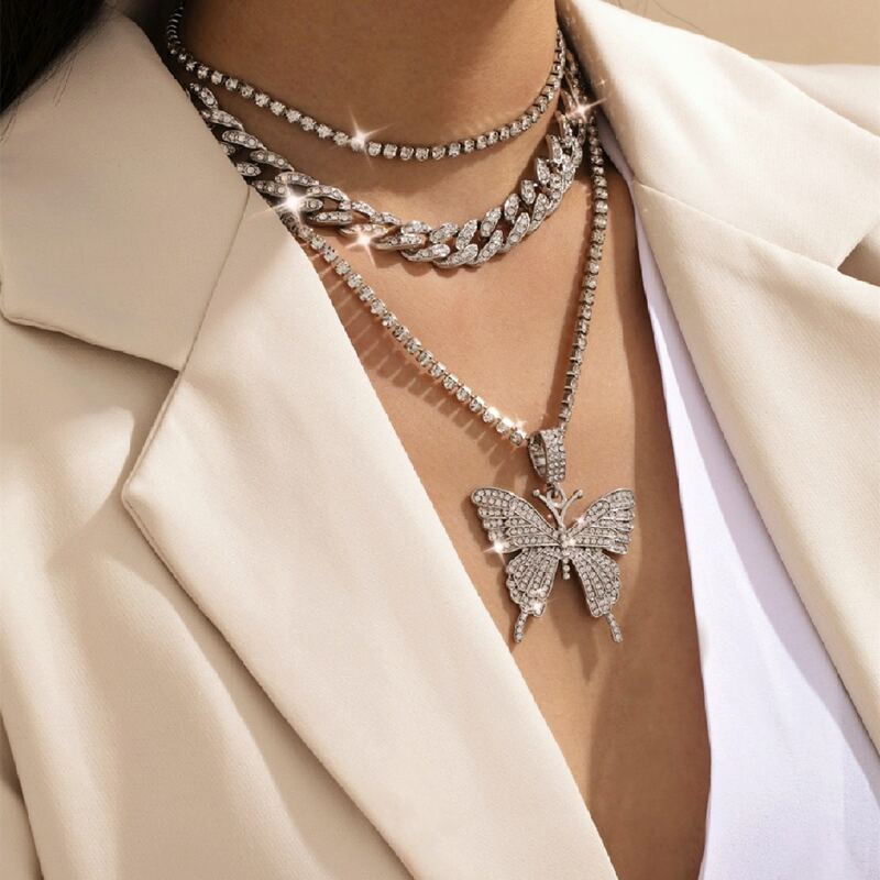 

3pcs Rhinestone Butterfly Chain Necklace, Silver
