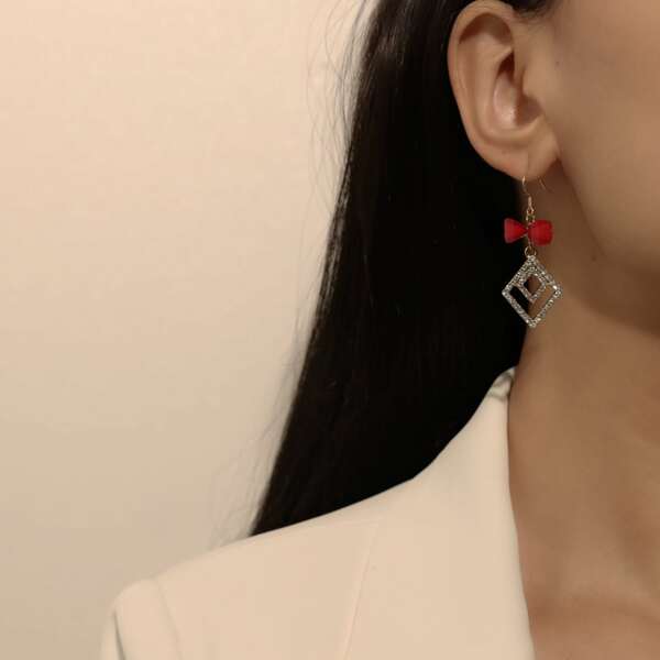 

Rhinestone Geo Drop Earrings, Red
