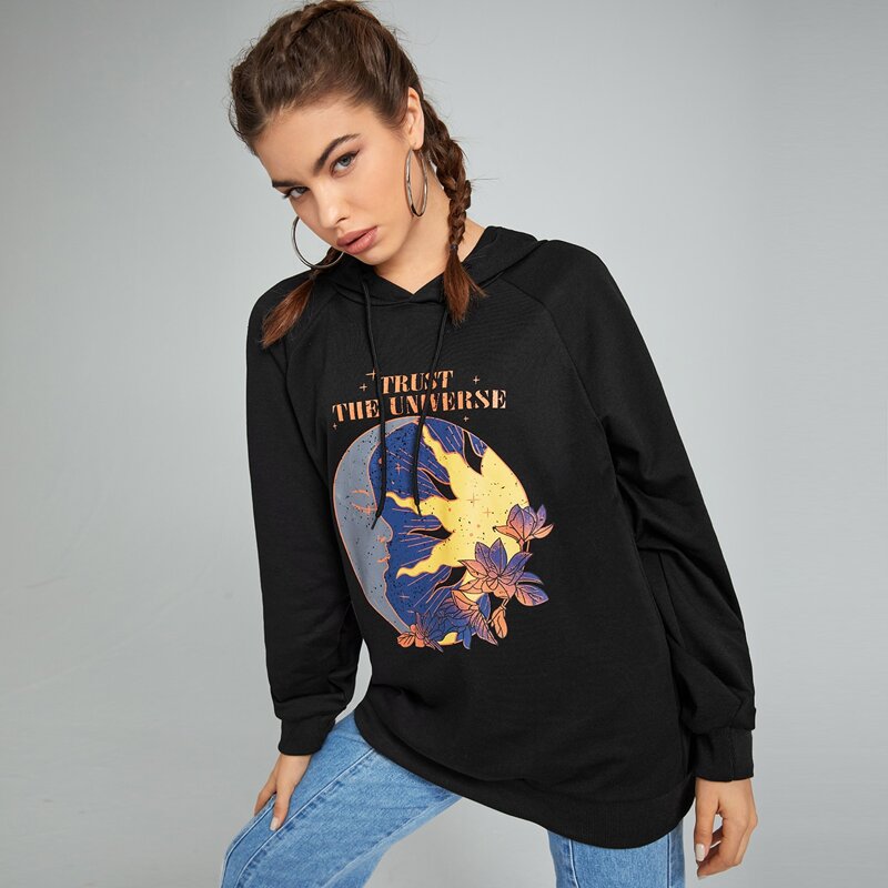 

Letter Moon & Flower Graphic Hoodie, Black
