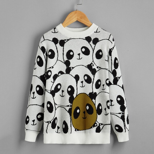 

Girls Panda Pattern Sweater, Black and white
