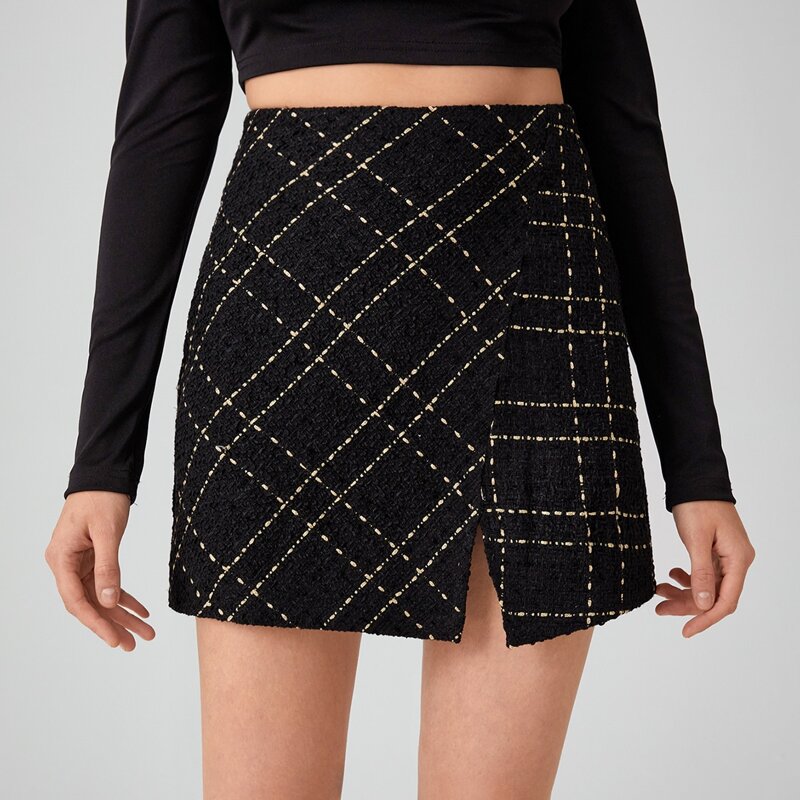 

Slit Hem Plaid Tweed Skirt, Black