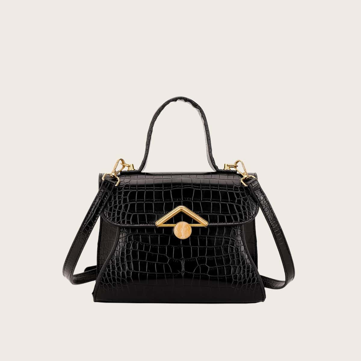 

Triangle Buckle Croc Embossed Satchel Bag, Black
