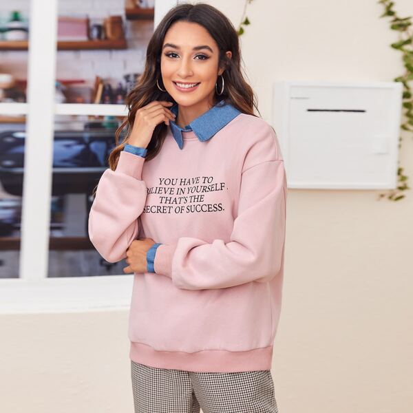 

Slogan Graphic Contrast Peter-pan-collar 2 In 1 Sweatshirt, Pastel baby pink