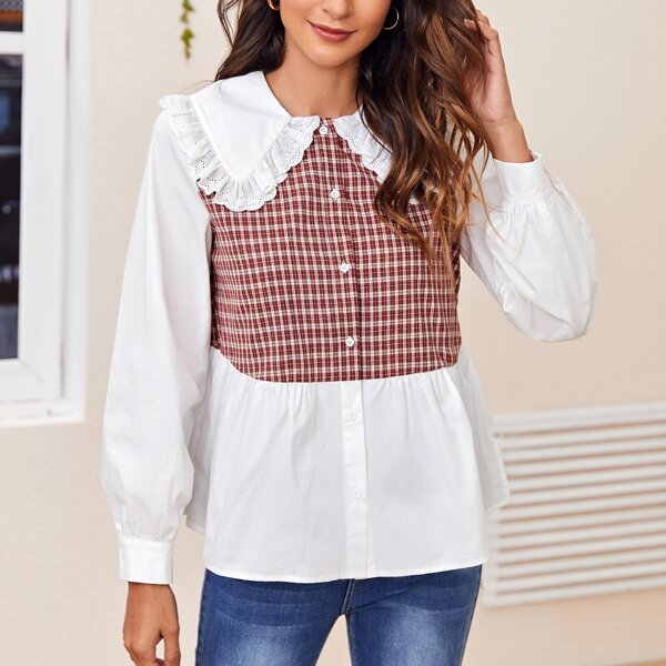 

Statement Collar Tartan Panel Blouse, Red and white