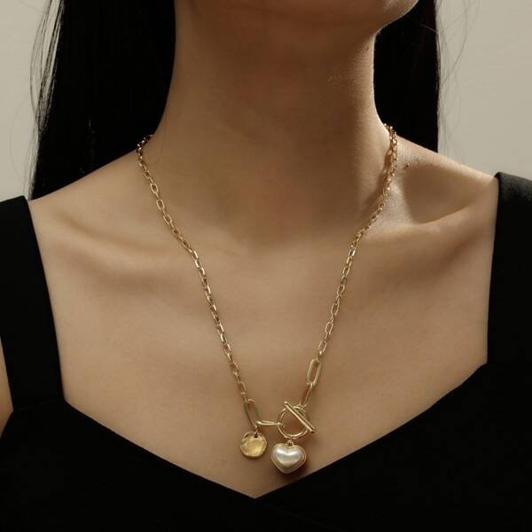 

Faux Pearl Decor Heart Charm Necklace, Gold