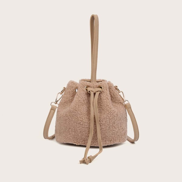 

Fluffy Drawstring Bucket Bag, Khaki