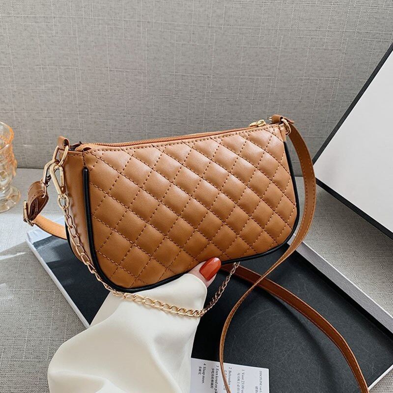 

Quilted Chain Baguette Bag, Brown