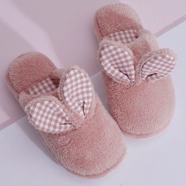 

Ear Decor Fluffy Warm Slippers, Coral pink