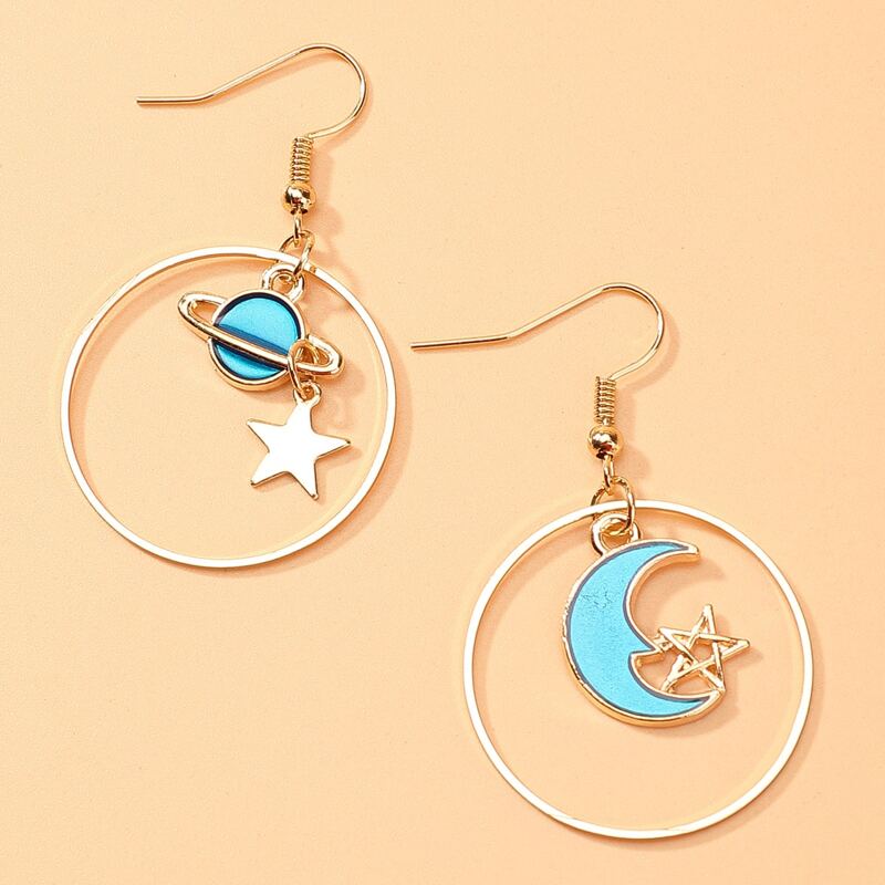 

Star & Moon Ring Drop Earrings, Gold