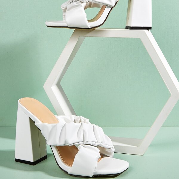 

Ruched Criss Cross Chunky Heeled Mules, White