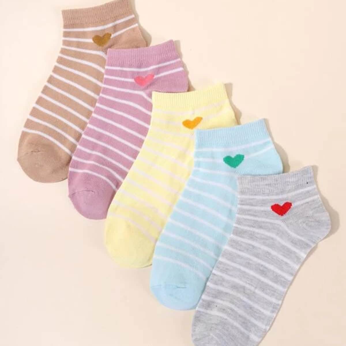 

5pairs Stripe & Heart Pattern Socks, Multicolor