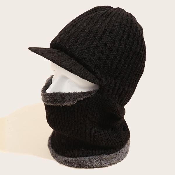 

Men 2 In 1 Solid Warm Hat & Scarf, Black