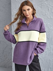 Half Zip Drop Shoulder Colorblock Sweatshirt