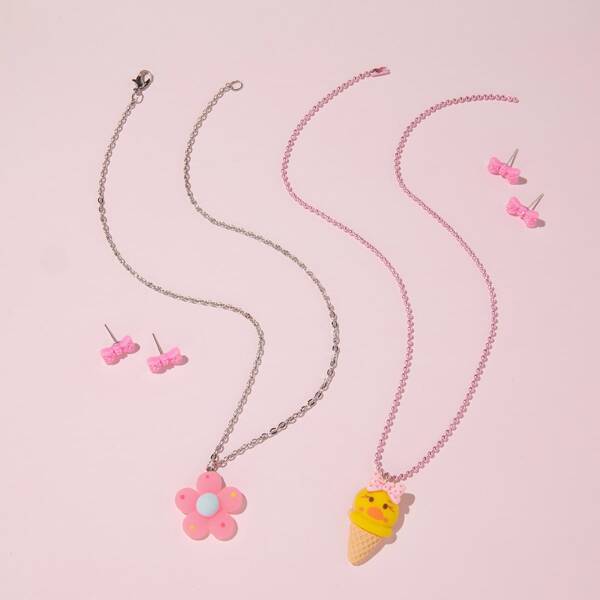 

2pairs Girls Bow Earrings & 2pcs Necklace, Multicolor