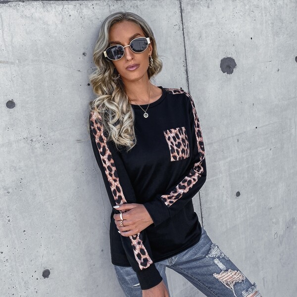 

Contrast Leopard Sideseam Pocket Patched Sweatshirt, Black