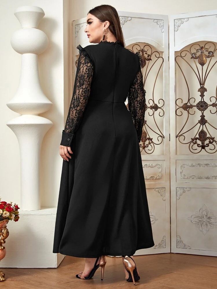 Plus Frilled Neck Lace Yoke Button Detail Dress