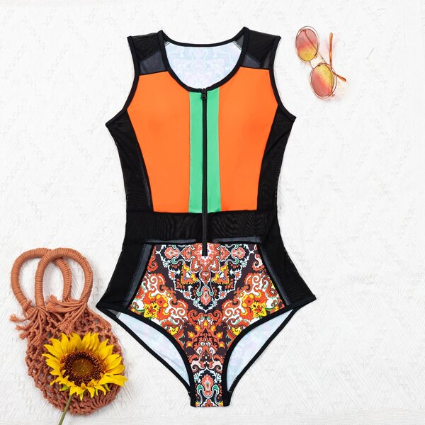 

Graphic & Colorblock Contrast Mesh One Piece Swimsuit, Multicolor