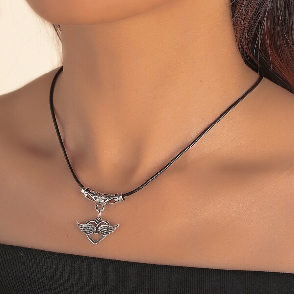 

Heart & Wing Charm Necklace, Black