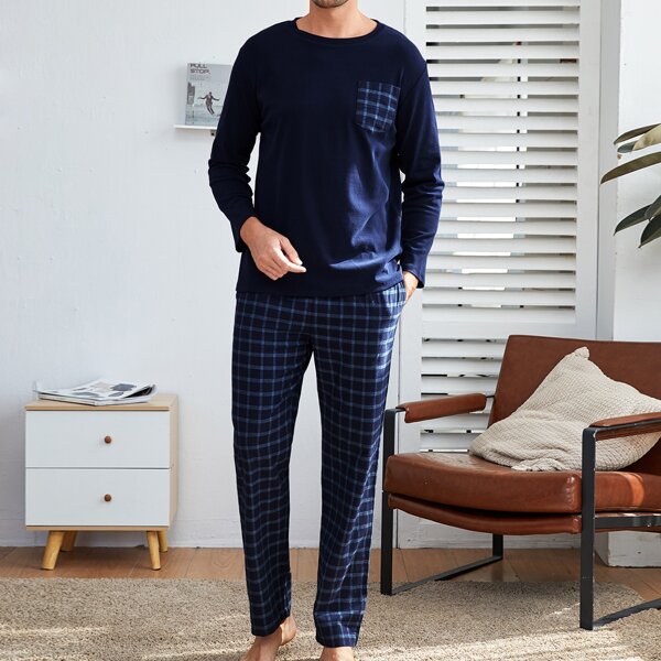 

Men Pocket Top & Plaid Pants PJ Set, Navy blue