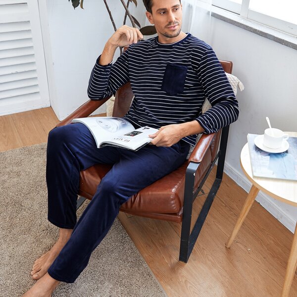 

Men Striped Pattern Top & Pants PJ Set, Navy blue