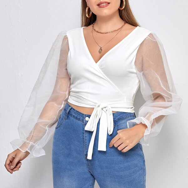 

Plus Contrast Mesh Sleeve Rib-knit Wrap Top, White