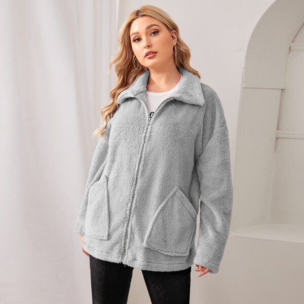 

Plus Zip Up Double Pocket Teddy Coat, Light grey