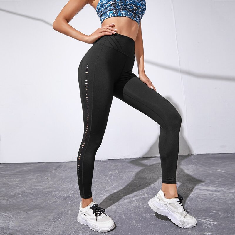 

Laser Cut Wide Waistband Sports Leggings, Black