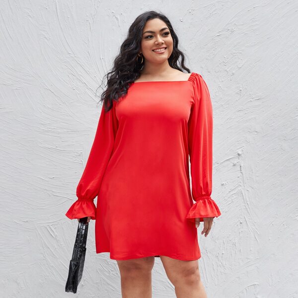 

Plus Square Neck Flounce Sleeve Tunic Dress, Red