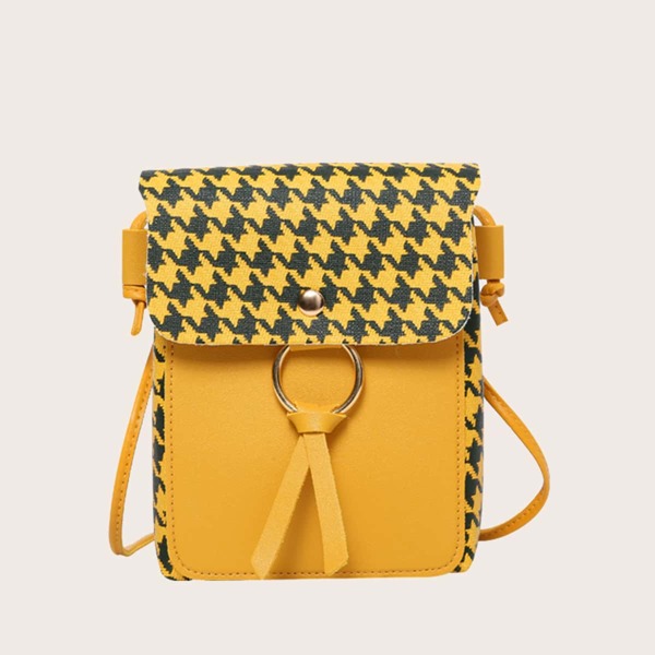 

Houndstooth Flap Crossbody Bag, Yellow