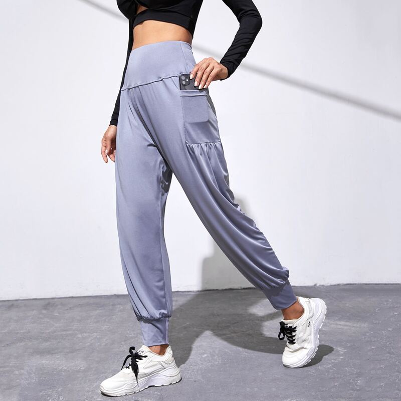 

Wide Band Waist Sports Pants With Phone Pocket, Light grey