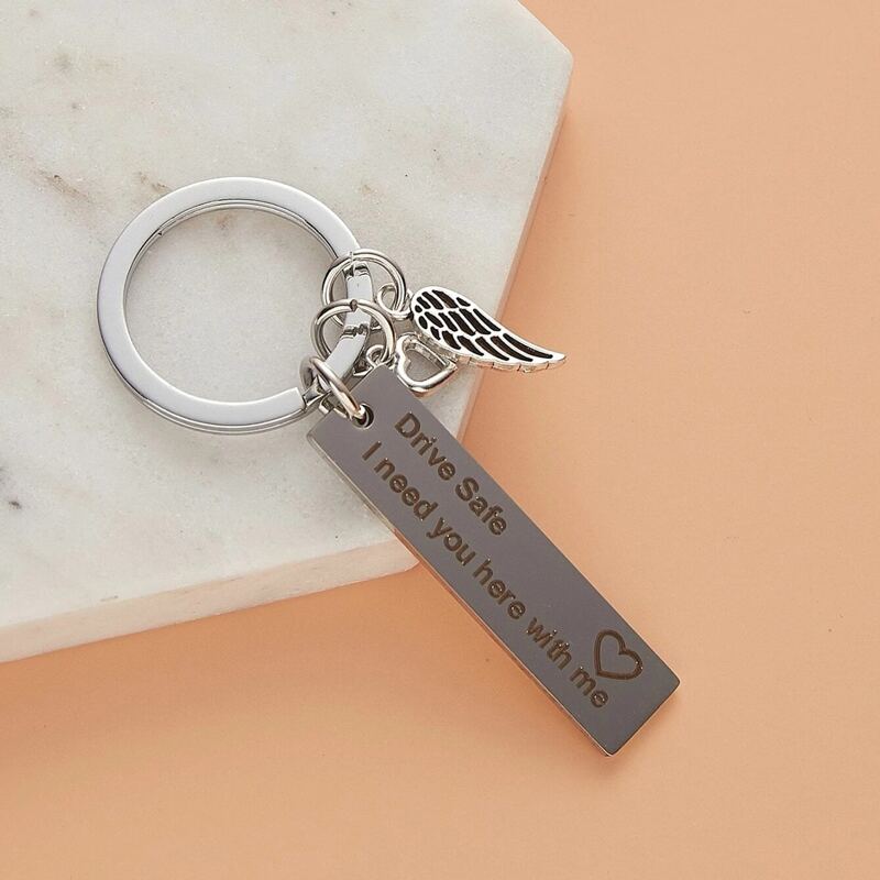 

Slogan Graphic Charm Keychain, Silver