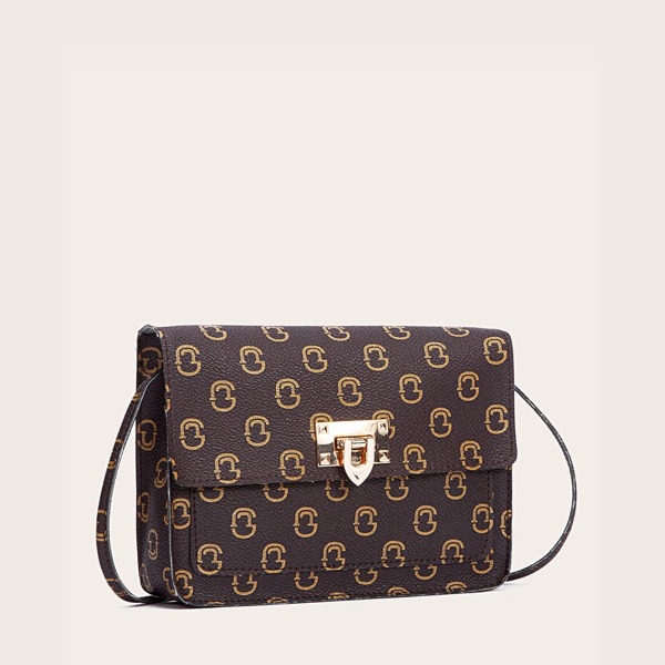 

Metal Lock Graphic Crossbody Bag, Coffee brown