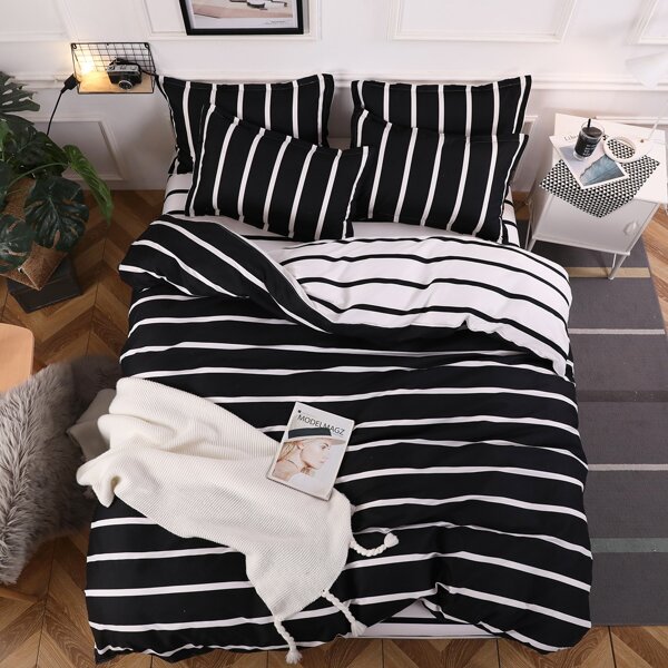 

Striped Pattern Bedding Set Without Filler, Black and white