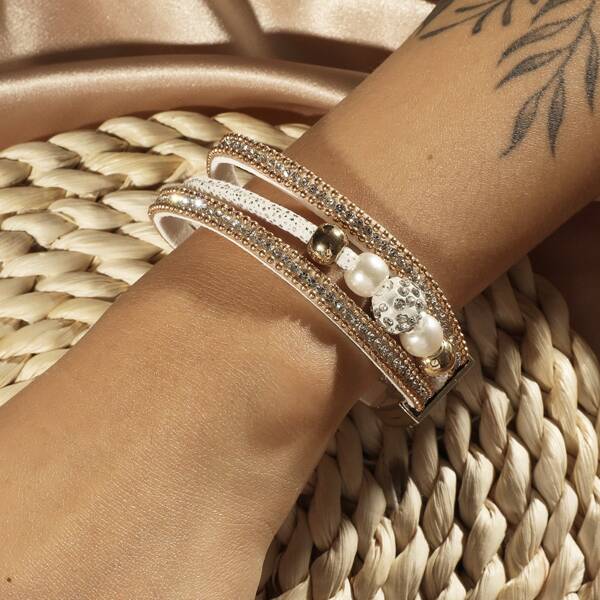 

Faux Pearl & Rhinestone Decor Bracelet, White