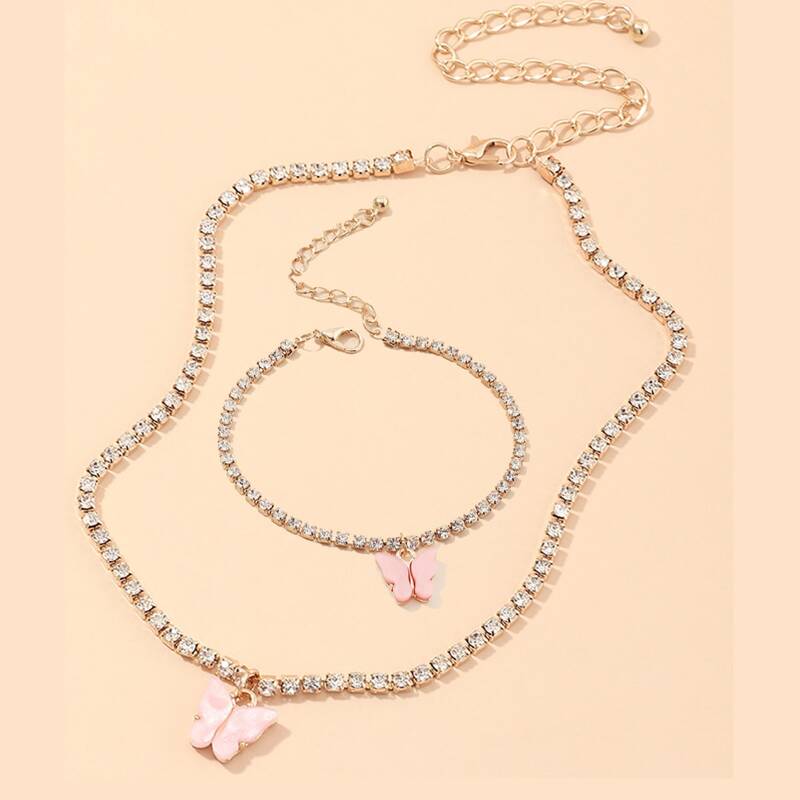

2pcs Rhinestone Butterfly Necklace & Bracelet, Multicolor