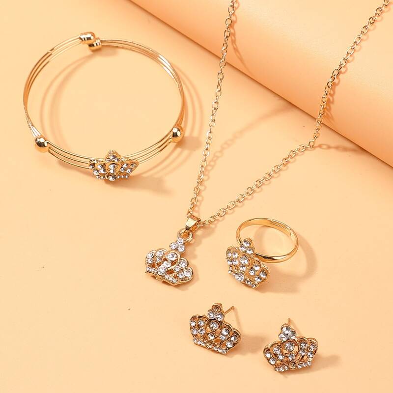 

5pcs Rhinestone Crown Jewelry Set, Gold