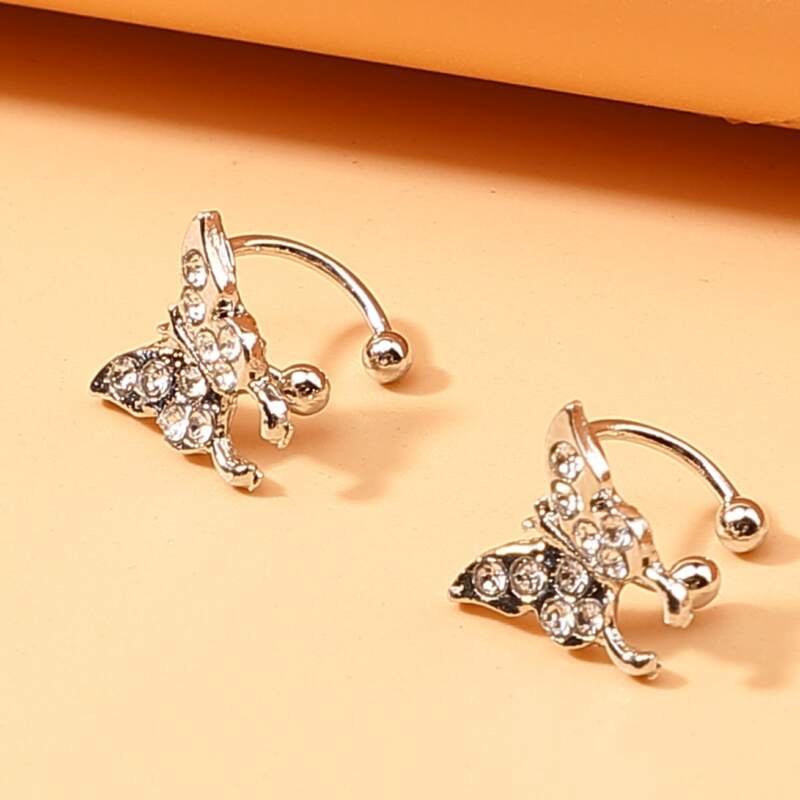 

2pcs Rhinestone Butterfly Ear Cuff, Silver
