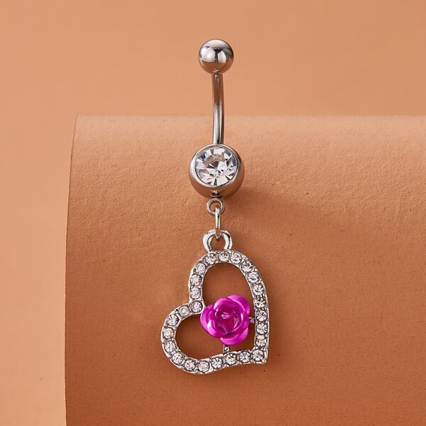 

Rhinestone Heart Decor Belly Ring, Silver