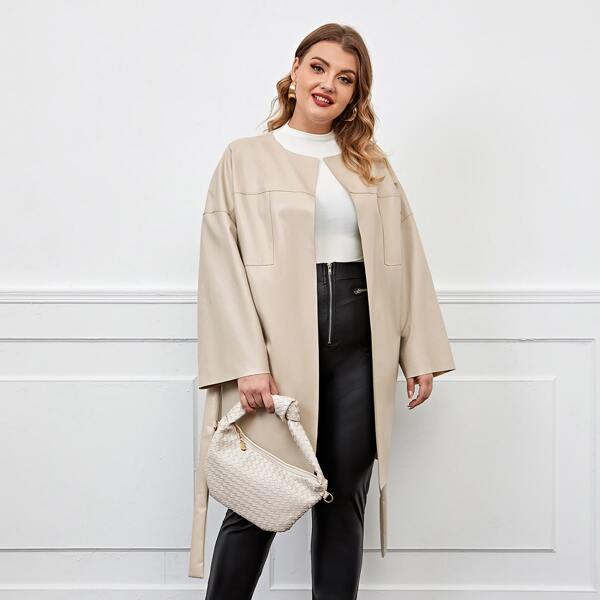 

Plus Drop Shoulder Belted PU Coat, Khaki